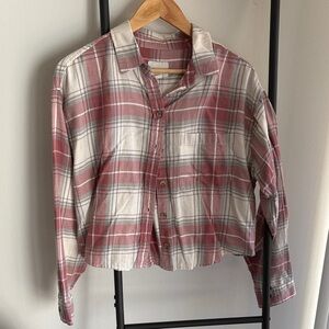 American Eagle Outfitters Pink & White Cropped Plaid Shirt